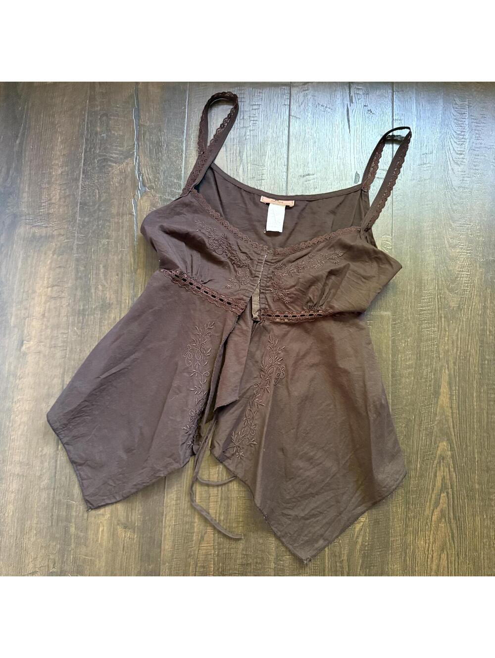 Vintage Chocolate Lace Fairy Tie Top Hook n Eye Corset Style Flutter Sz L USA